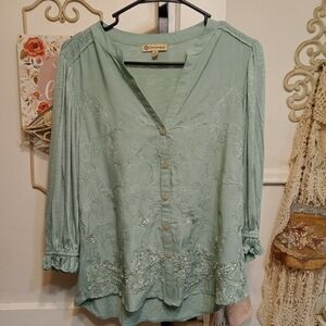 Democracy Embroidered Button Front Top